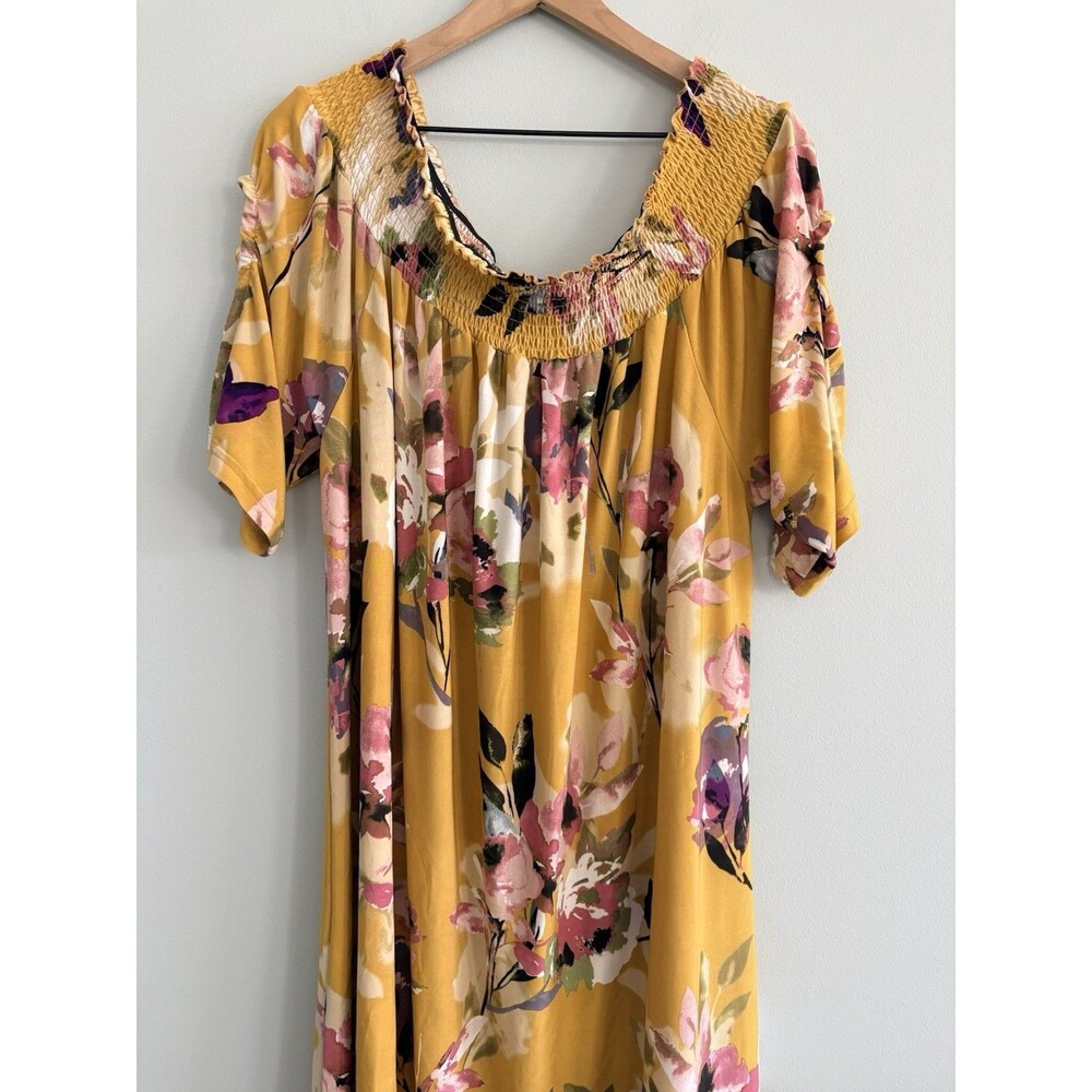Mlle Gabrielle Dress Yellow Floral Womens Size 3X Elastic Neckline Stretch - Picture 2 of 6